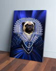 Personalized pug portrait canvas, 'The Baroness', in a blue regal gown with lace collar and pearls.