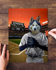 Personalized pet puzzle featuring a husky's head on a baseball player's body in a stadium.