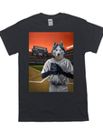 Black Gildan t-shirt with a husky in a baseball uniform on a field with a scoreboard.