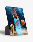 Personalized German Shepherd pet portrait canvas as a basketball player in a blue jersey, holding a ball and trophy.