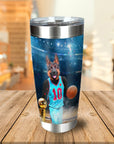 Personalized stainless steel tumbler with a German Shepherd pet portrait as a basketball player.