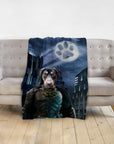 Personalized 'Batdog' pet portrait blanket featuring a Doberman in a superhero costume.