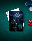 Personalized 'Batdog' playing card featuring a Doberman in a superhero costume, on a green felt table with chips and dice.