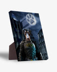 Personalized "Batdog" pet portrait standing canvas featuring a Doberman in a dark blue Batman suit against a city night sky.