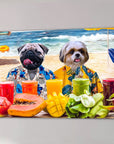 Personalized canvas featuring a pug and shih tzu in Hawaiian shirts on a beach with tropical drinks and fruit.