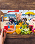 Personalized 3-pet puzzle featuring dogs in Hawaiian shirts on a beach, with tropical fruits and drinks.