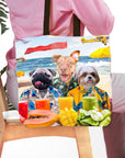 Personalized 3-pet tote bag with dogs in Hawaiian shirts on a beach, watercolor style.