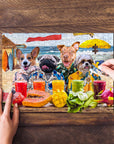 Personalized 4-pet puzzle featuring dogs in Hawaiian shirts on a beach with tropical drinks.