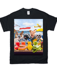 Black Gildan t-shirt with a personalized graphic of four dogs in Hawaiian shirts at a beach bar.