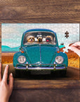 Personalized 3 pet puzzle featuring dogs in a teal Beetle car, with hands assembling pieces.