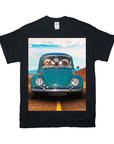 Black Gildan t-shirt with a graphic of three pets in a teal vintage Beetle car on a desert road.