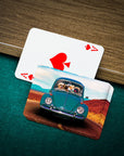 Personalized playing cards featuring custom pet portraits of dogs in a green Beetle car.