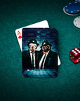 Custom personalized playing cards featuring two bulldog pets in "Blues Doggos" style suits and hats.