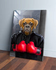 Personalized Boxer dog pet canvas in a black hoodie and red boxing gloves, leaning on a wall.