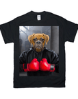 Black Gildan t-shirt with a boxer dog wearing a black hoodie and red boxing gloves.