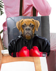 Personalized Boxer dog portrait tote bag with dog wearing boxing gloves and black hoodie.