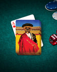 Personalized pet playing cards featuring a Boxer dog in a matador costume, on a green felt table with poker chips and dice.