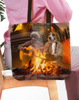 Personalized 2 pet tote bag with custom dog portraits camping by a campfire.