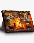 Personalized 3-pet standing canvas featuring dogs camping around a campfire, with one playing guitar.