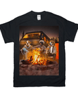 Black Gildan t-shirt with three personalized dogs camping around a campfire, one playing guitar.