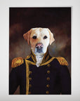 Personalized "The Captain" dog portrait poster featuring a golden retriever in a dark blue naval uniform with gold epaulets.