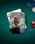 Personalized playing card featuring a dog in a carpenter's outfit, on a green felt table with chips and dice.