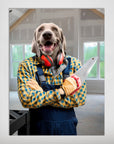 Personalized pet poster featuring a Weimaraner dog as a carpenter in blue overalls and a yellow plaid shirt, holding a saw.
