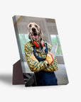 Personalized pet standing canvas featuring a Weimaraner dog as a carpenter in a blue and yellow plaid shirt.