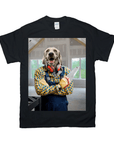 Black Gildan t-shirt featuring a personalized print of a Weimaraner dog dressed as a carpenter.