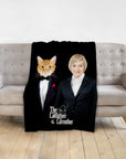 Custom "The Catfather & Catmother" personalized blanket with cat and woman portraits in formal wear.