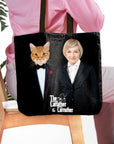 Personalized black tote bag featuring a custom cat and woman portrait in "The Catfather & Catmother" style.