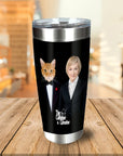 Black personalized stainless steel tumbler with "The Catfather & Catmother" design featuring a custom cat and woman portrait.