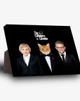 Personalized "The Catfathers & Catmother" standing canvas featuring a cat, woman, and man in suits.