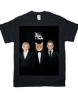 Black Gildan t-shirt featuring "The Catfathers & Catmother" design with a cat and two humans in suits.