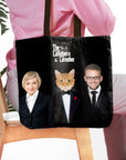 Personalized black tote bag with "The Catfathers & Catmother" text and custom pet and owner portraits.