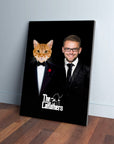 Personalized "The Catfathers" canvas featuring a man and an orange cat in tuxedos on a black background.