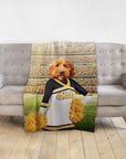 Personalized pet blanket featuring a dog in a cheerleader uniform at a stadium.