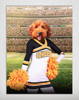 Personalized pet poster featuring a golden doodle's head on a cheerleader's body in a black, white, and gold uniform with pom-poms, against a stadium backdrop.