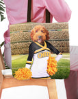 Personalized 'Cheerleader' tote bag with a custom dog portrait in a cheer uniform.