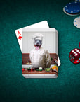 Personalized playing card featuring a dog's head on a chef's body, with poker chips and dice.