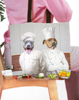Personalized tote bag with two pet dog portraits dressed as chefs in a kitchen scene.