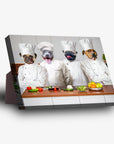 Personalized standing canvas featuring four pets as chefs in white uniforms, cooking on a wooden counter.