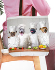 Personalized white canvas tote bag with four custom pet portraits as chefs in a kitchen.