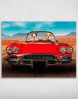 Personalized 'Classic Paw-Vette' poster featuring two pets driving a red vintage car on a desert road.