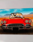 Personalized canvas of four pets in a red classic convertible car on a desert road.