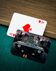 Custom playing cards featuring two dogs in a classic car, with an Ace of Spades card visible.
