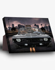 Personalized 'Classic Pawmaro' standing canvas featuring two pets in a black vintage car on a city bridge.