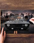 Personalized 4-pet puzzle featuring dogs in a classic black car, with hands placing a piece.