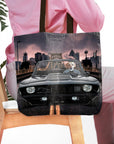 Personalized 'Classic Pawmaro' tote bag with a custom dog portrait driving a black vintage car.