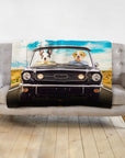Personalized pet portrait blanket featuring two dogs in a classic black car on a desert road.